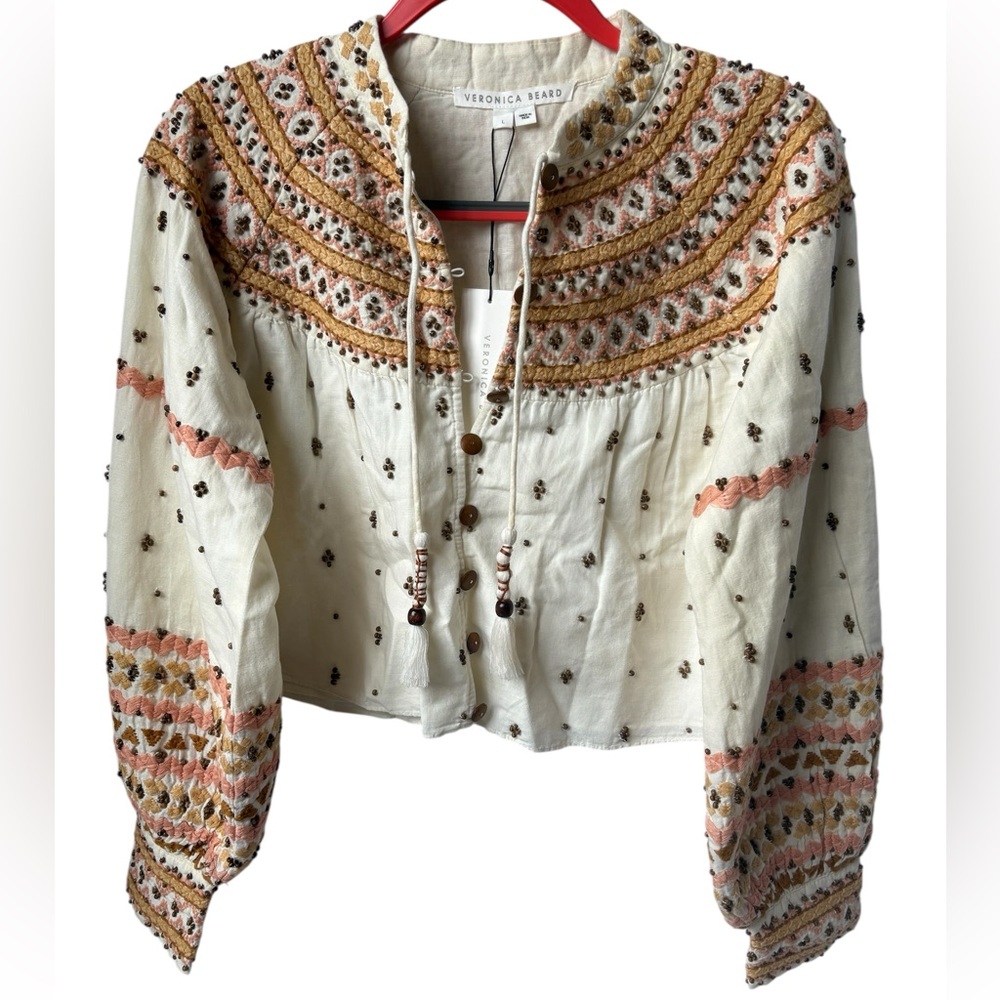 Veronica Beard Beaded Embroidered Linen Crop Jacket Size Large NWT